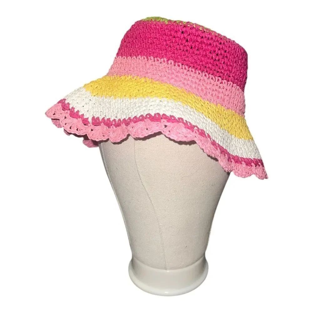 Gymboree Striped Straw Crochet Bucket Hat Wide Brim Pretty Lady Girls 8 & Up EUC